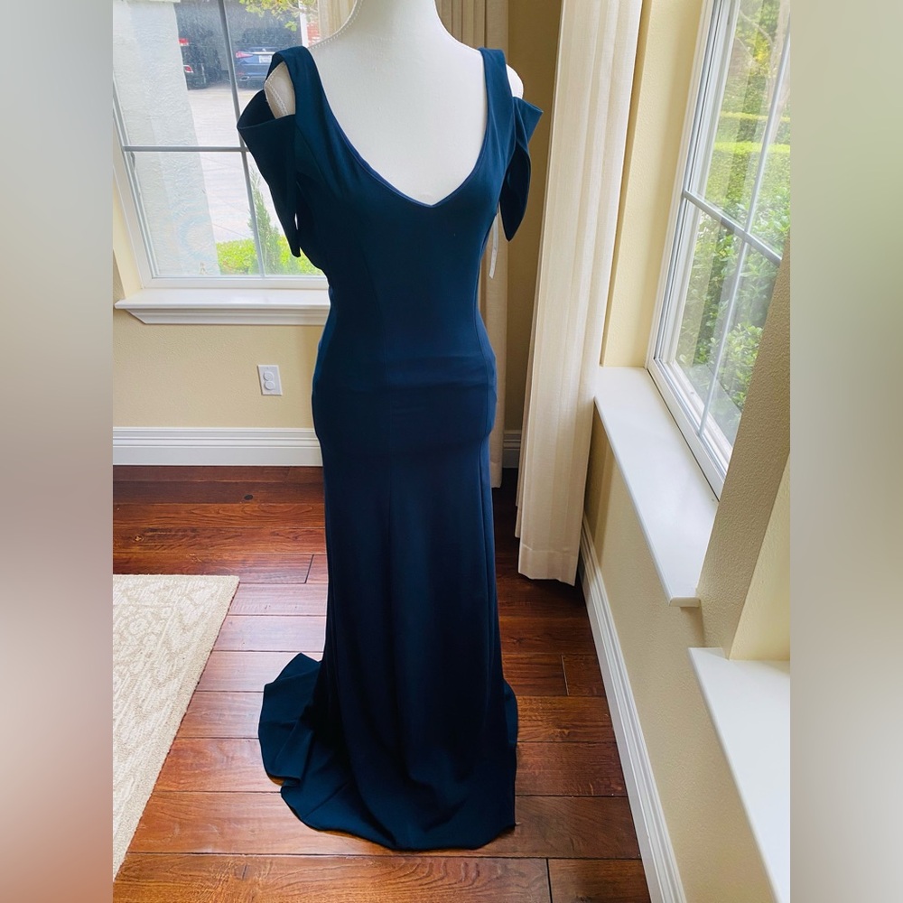 Brand new Issue New York cold shoulder gown. Size XS. Navy blue.